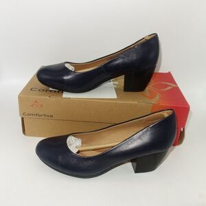 NEW Comfortiva Amora Pumps Heels Square Chunky Shoes Peacoat Navy Blue Women's 6